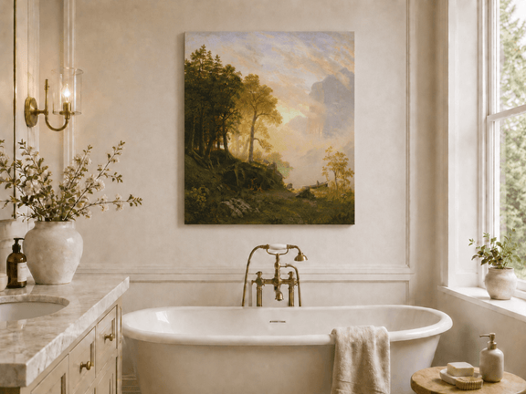 Unframed hand-painted lakeside woodland oil painting with a camp, angler and misty peaks displayed above a freestanding bathtub.