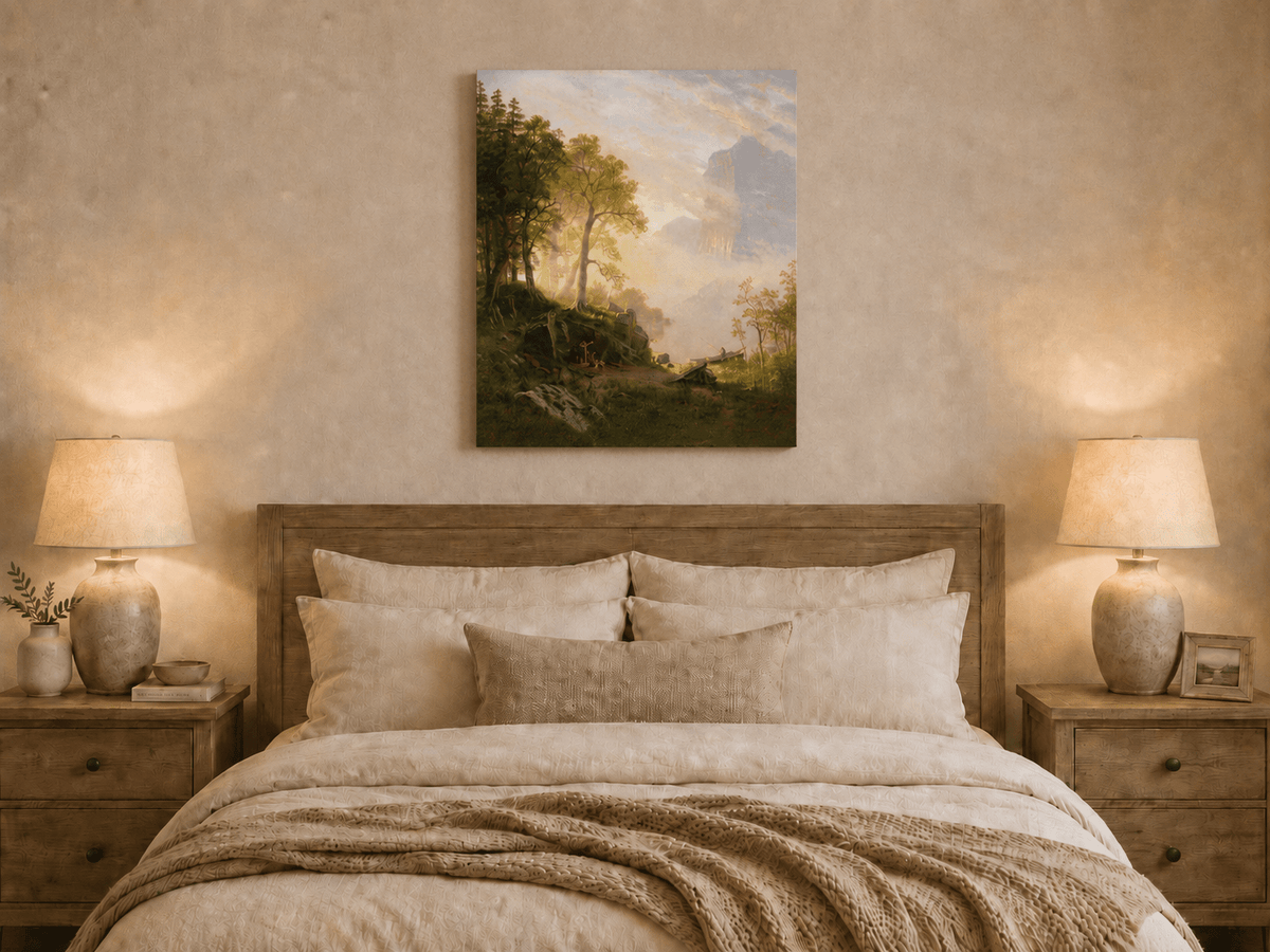 Unframed hand-painted lakeside woodland oil painting with a camp, angler and misty peaks displayed above a wooden bed in a neutral bedroom.