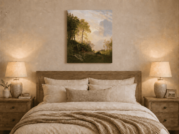 Unframed hand-painted lakeside woodland oil painting with a camp, angler and misty peaks displayed above a wooden bed in a neutral bedroom.
