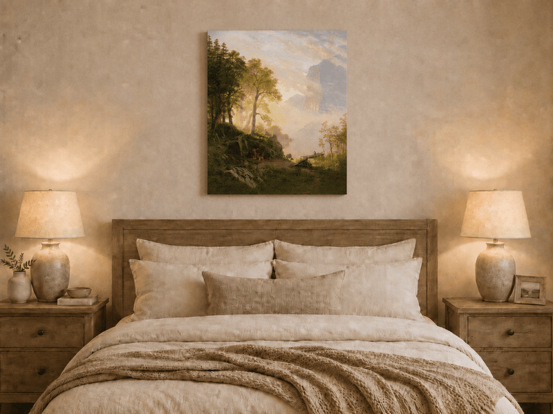 Unframed hand-painted lakeside woodland oil painting with a camp, angler and misty peaks displayed above a wooden bed in a neutral bedroom.