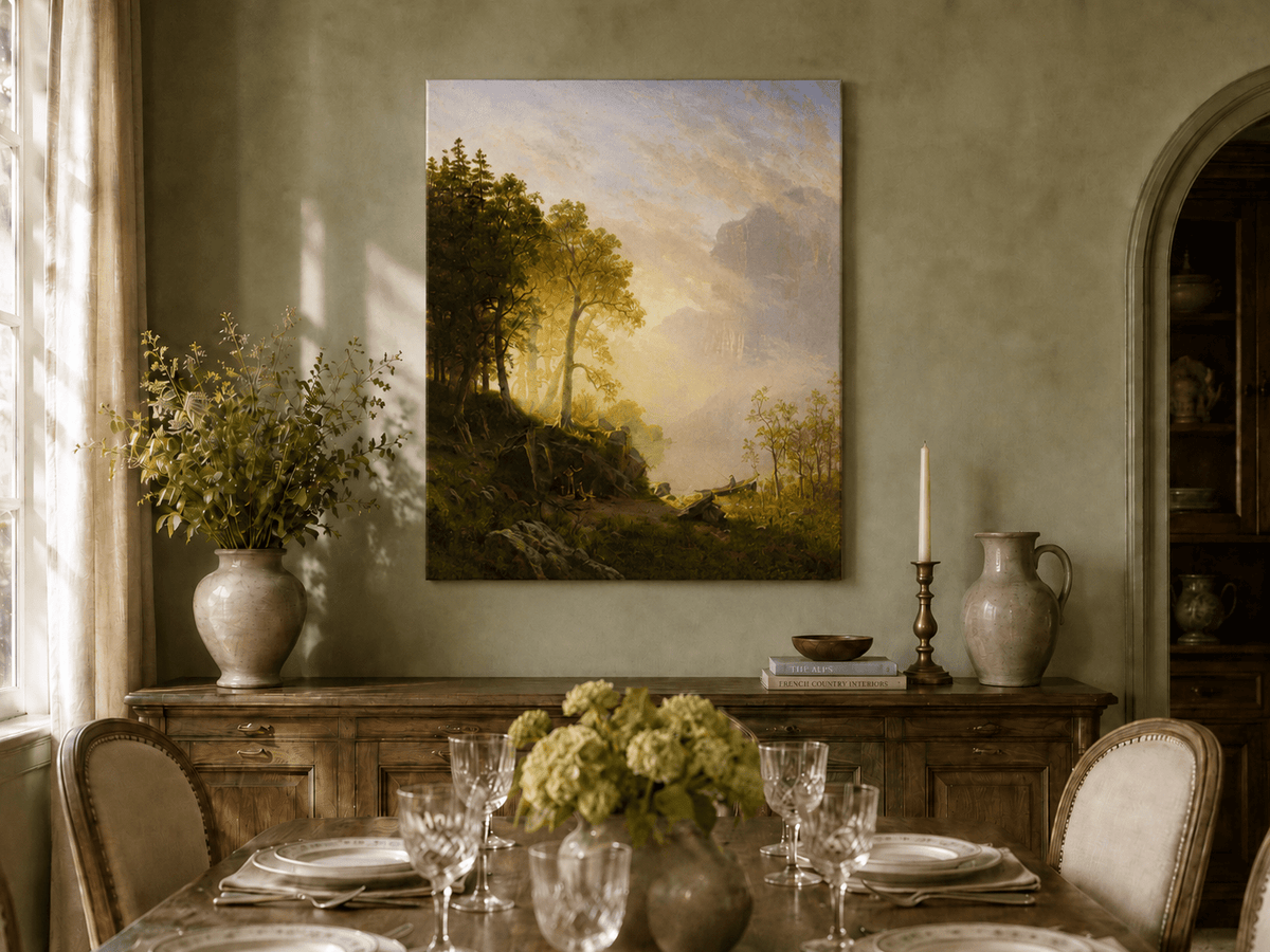 Unframed hand-painted lakeside woodland oil painting with a camp, angler and misty peaks displayed above a formal dining table.