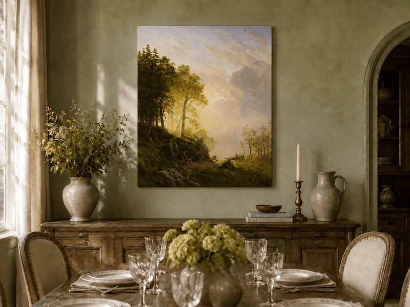 Unframed hand-painted lakeside woodland oil painting with a camp, angler and misty peaks displayed above a formal dining table.