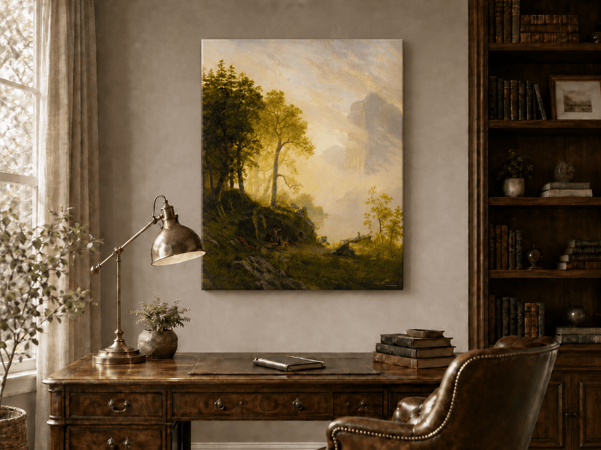 Unframed hand-painted lakeside woodland oil painting with a camp, angler and misty peaks displayed above a traditional home office desk.