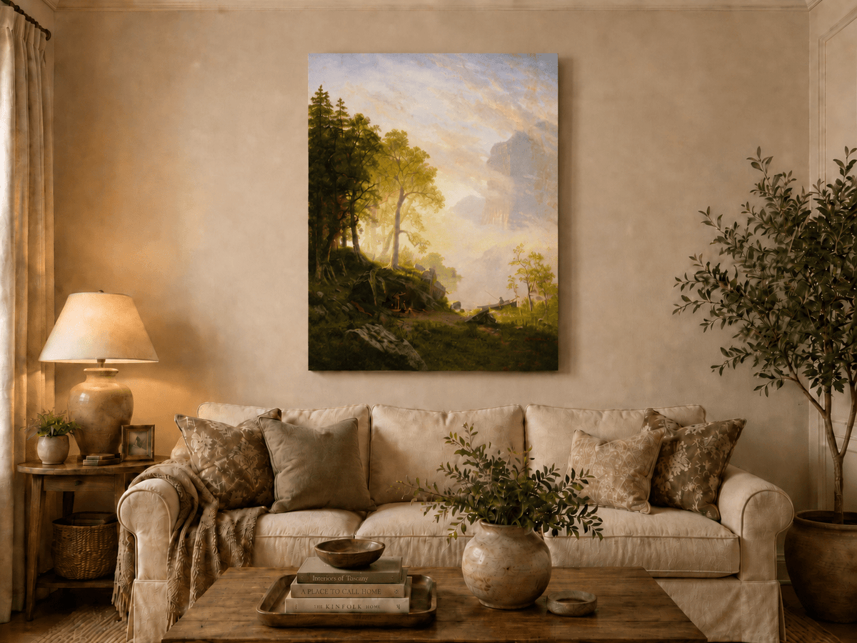 Unframed hand-painted lakeside woodland oil painting with a camp, angler and misty peaks displayed above a neutral living room sofa.