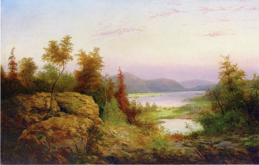 Landscap Oil Painting - Autumn Lake Valley at Dusk - Oil Painting Haven
