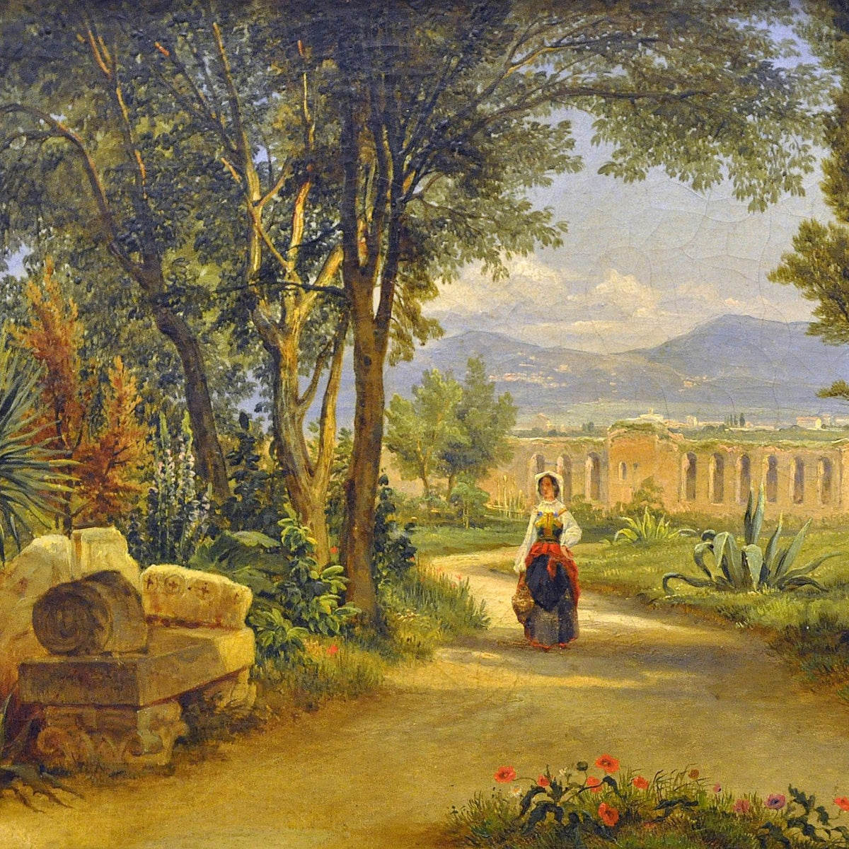 Landscap Oil Painting - Italian Garden Path with Roman Ruins - Oil Painting Haven