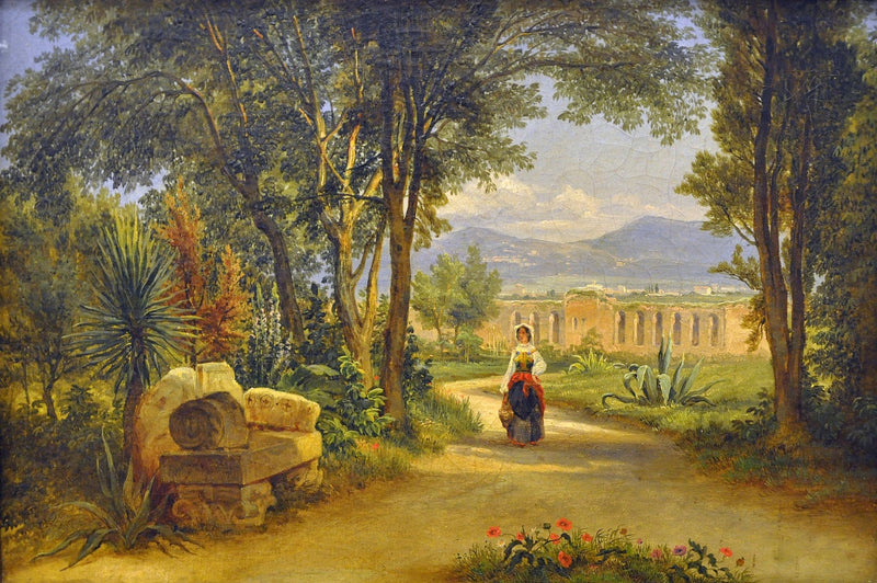 Landscap Oil Painting - Italian Garden Path with Roman Ruins - Oil Painting Haven