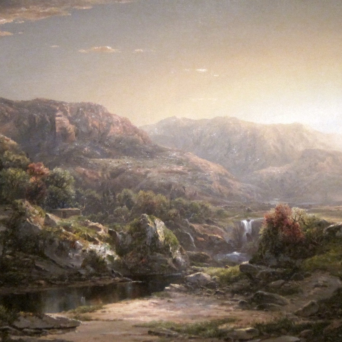 Landscap Oil Painting - Misty Mountain Valley with Waterfall - Oil Painting Haven