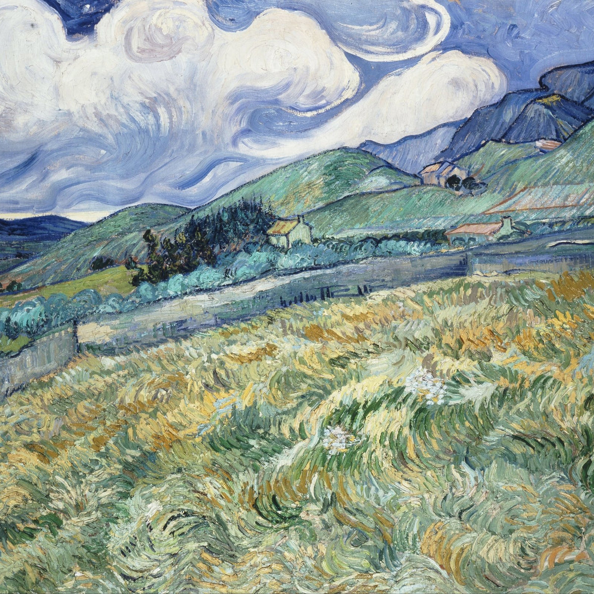 Landscap Oil Painting - Mountain Wheat Field Under Swirling Sky - Oil Painting Haven