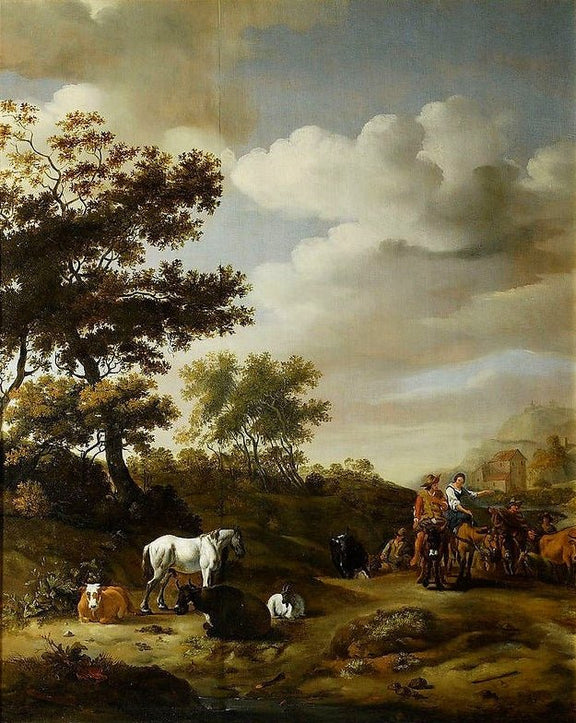 Hand-painted pastoral landscape with horse and cattlee oil painting on canvas