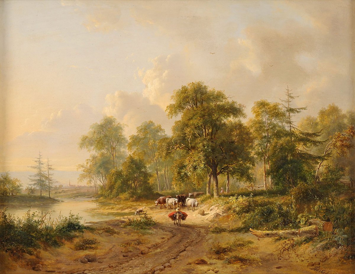 Landscap Oil Painting - Pastoral Riverbank with Cattle - Oil Painting Haven