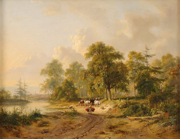Landscap Oil Painting - Pastoral Riverbank with Cattle - Oil Painting Haven