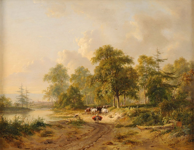 Landscap Oil Painting - Pastoral Riverbank with Cattle - Oil Painting Haven