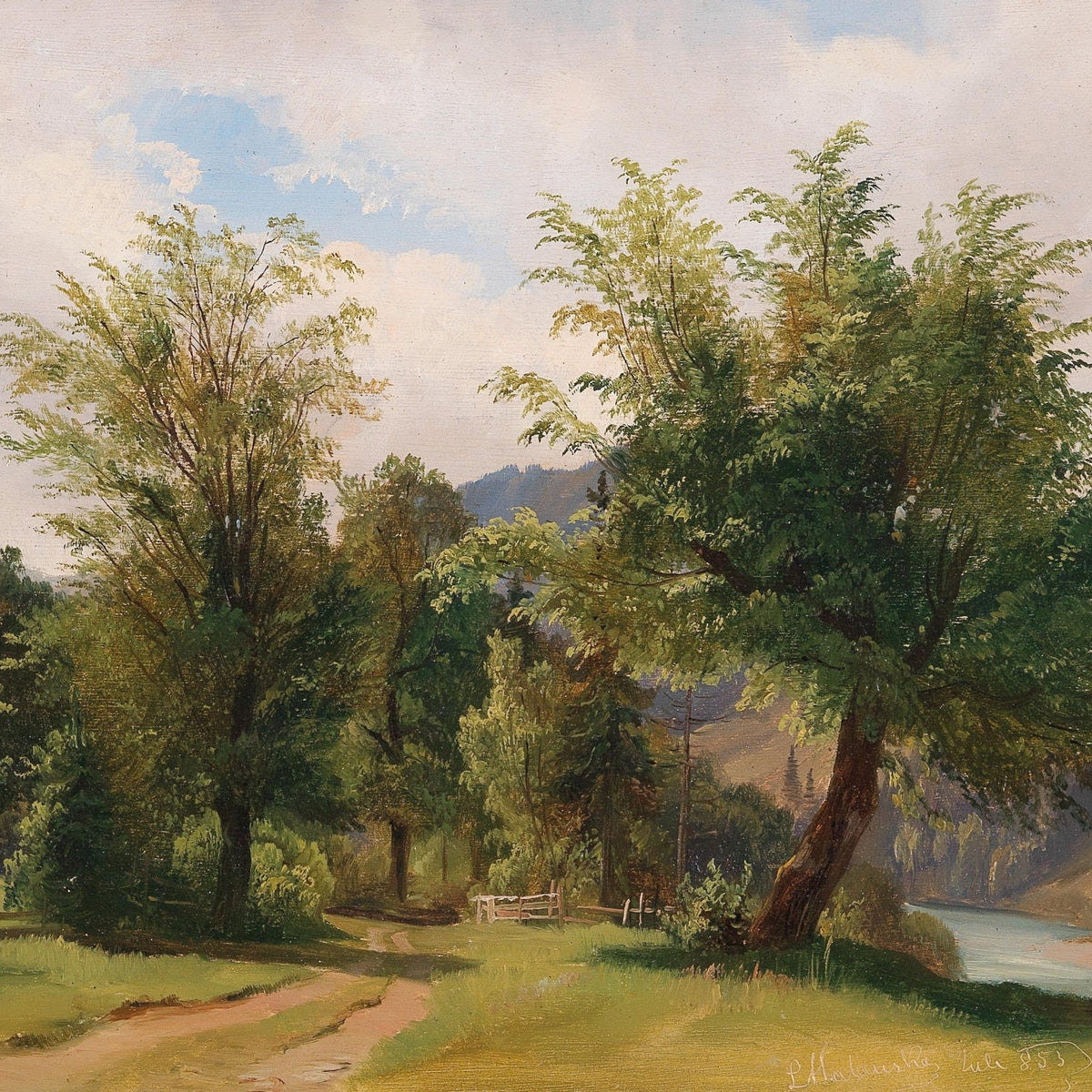 Landscap Oil Painting - Riverside Path with Lush Trees - Oil Painting Haven