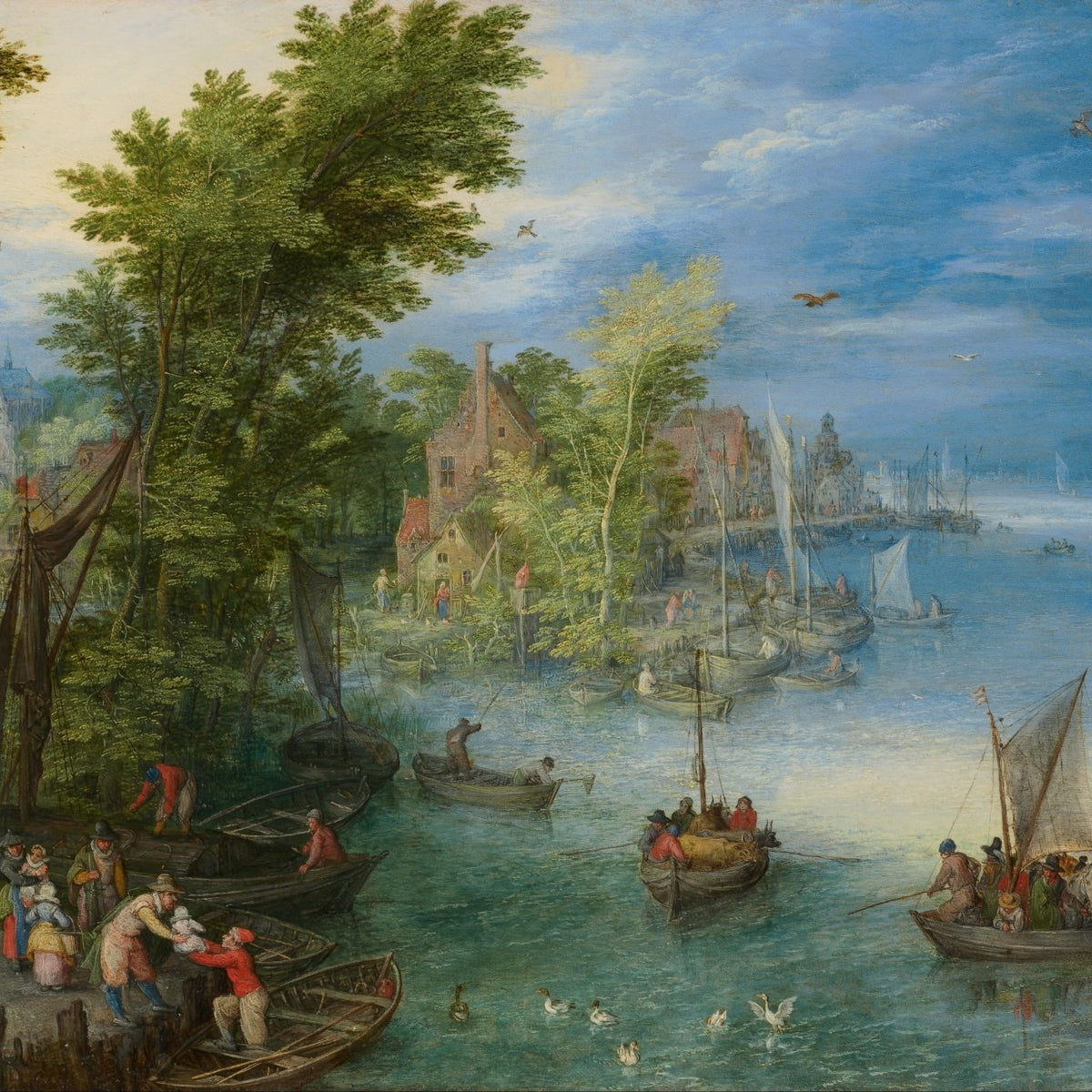 Landscap Oil Painting - Riverside Village Harbor with Boats - Oil Painting Haven
