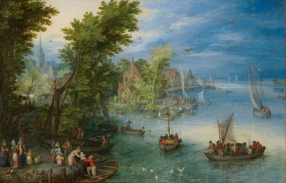 Landscap Oil Painting - Riverside Village Harbor with Boats - Oil Painting Haven