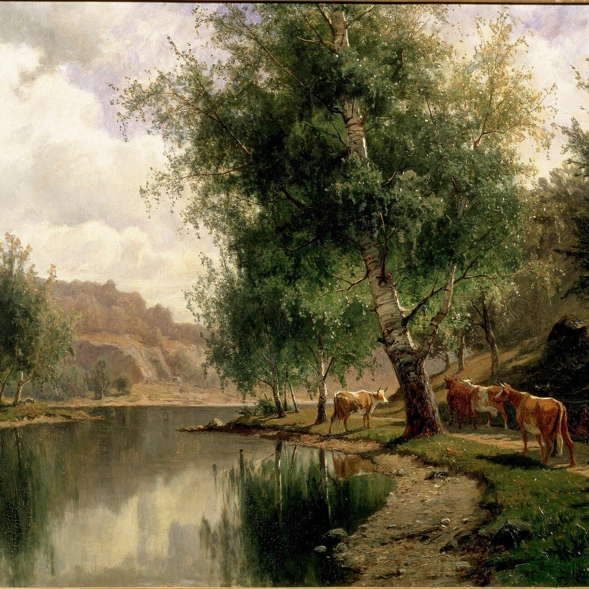 Landscap Oil Painting - Summer Riverside Landscape with Cows - Oil Painting Haven