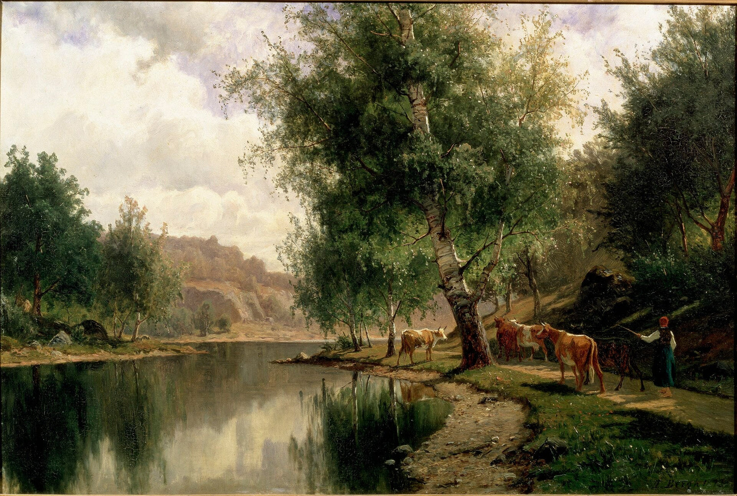 Landscap Oil Painting - Summer Riverside Landscape with Cows - Oil Painting Haven