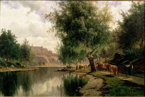 Landscap Oil Painting - Summer Riverside Landscape with Cows - Oil Painting Haven