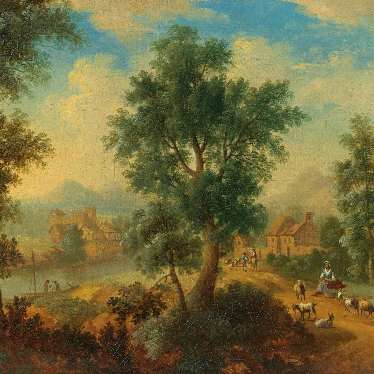 Hand-painted village riverside landscape with goats oil painting on canvas