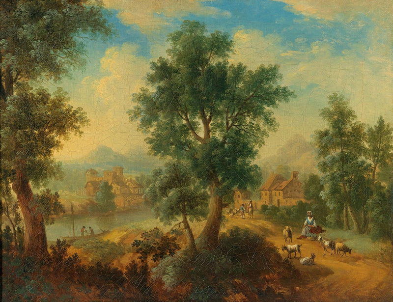 Hand-painted village riverside landscape with goats oil painting on canvas