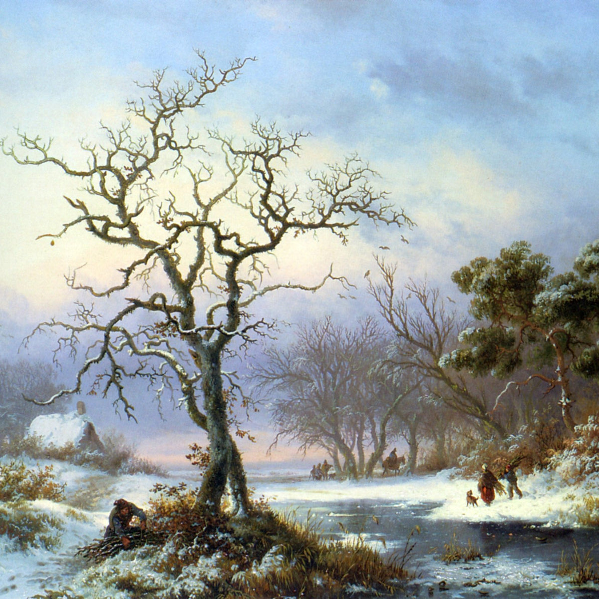Landscap Oil Painting - Winter River Landscape with Bare Tree - Oil Painting Haven