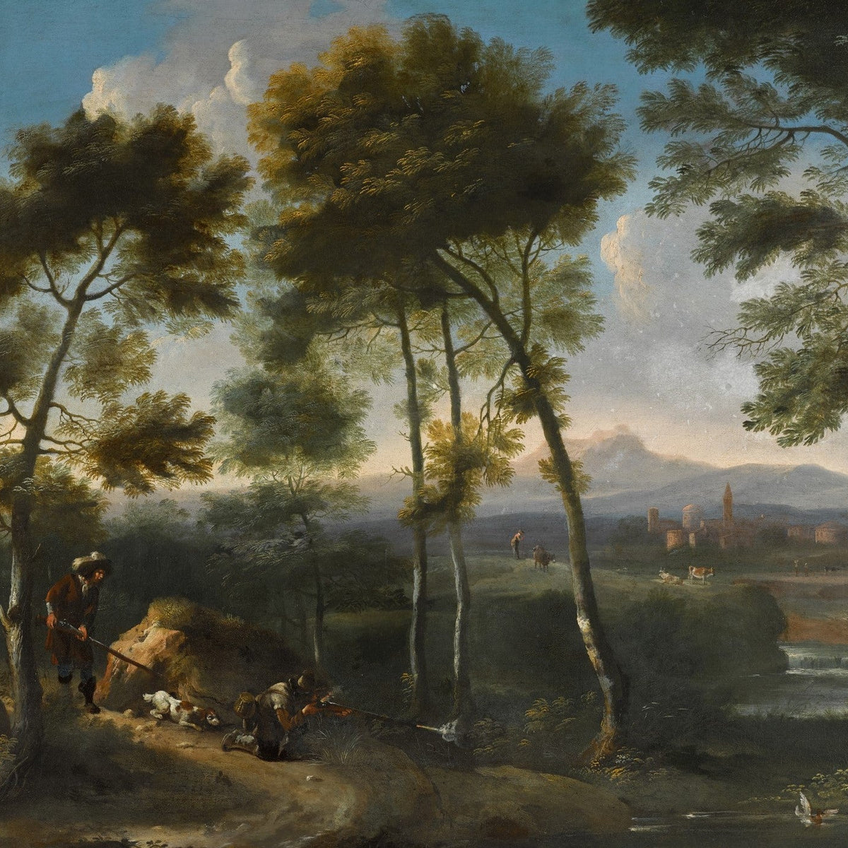 Landscap Oil Painting - Wooded Landscape with Hunters and Village - Oil Painting Haven