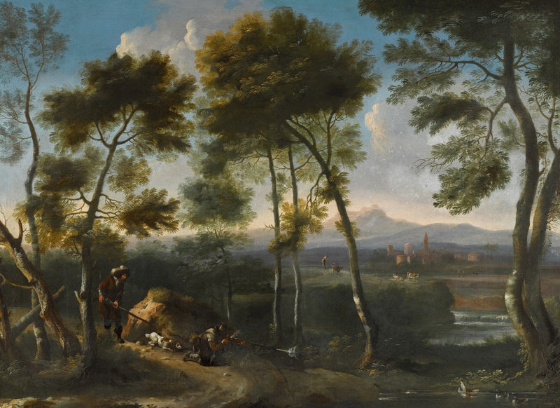 Landscap Oil Painting - Wooded Landscape with Hunters and Village - Oil Painting Haven