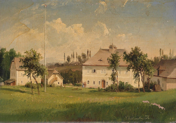 Landscape Oil Painting - 1878 Rural Estate Compound, White Buildings - Oil Painting Haven