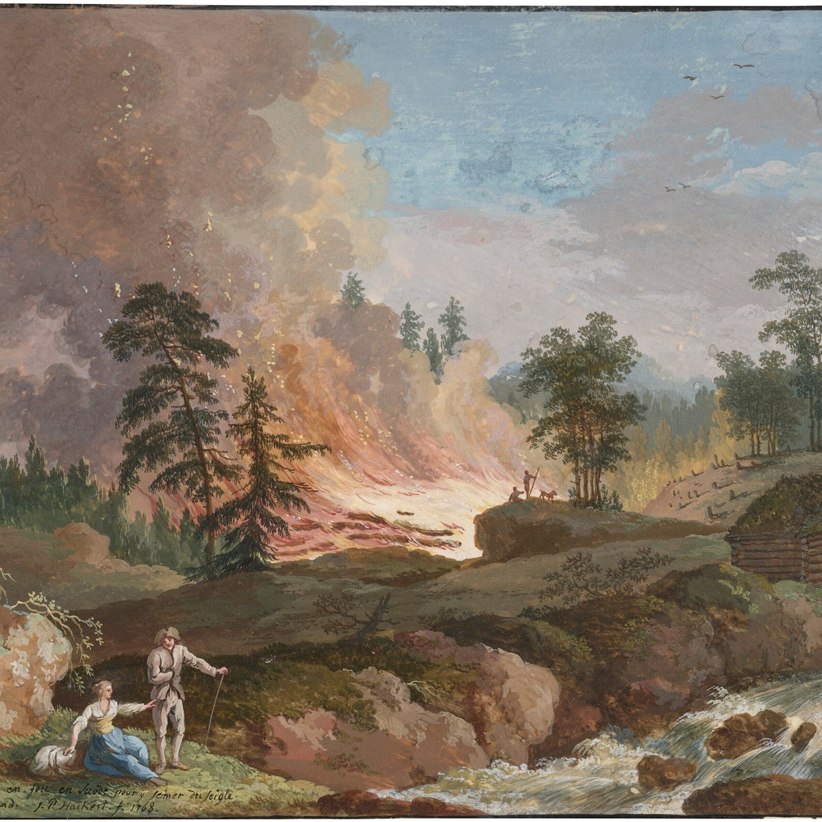 Landscape Oil Painting - 19th - Century Forest Fire & Figures, Log Cabin - Oil Painting Haven