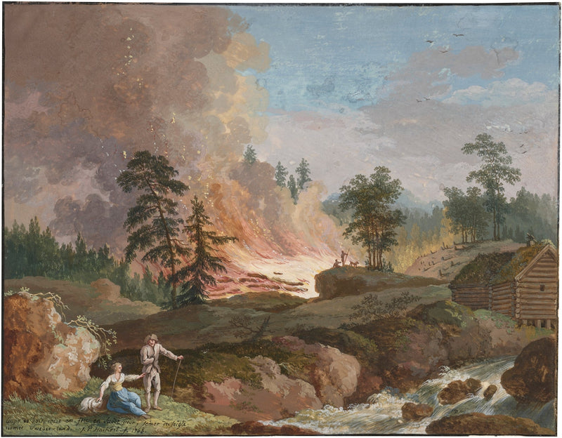 Landscape Oil Painting - 19th - Century Forest Fire & Figures, Log Cabin - Oil Painting Haven