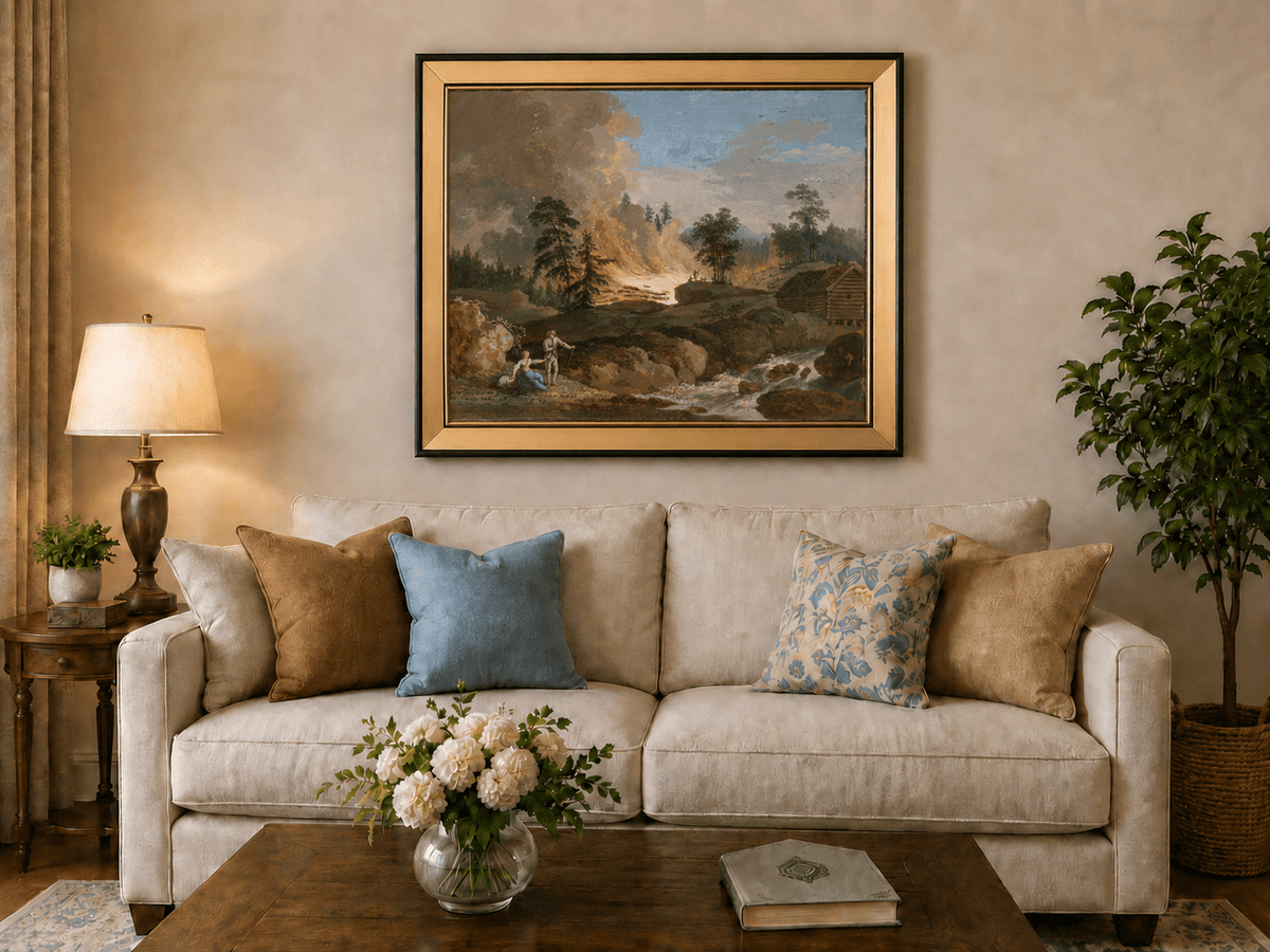Peinture à l'huile de paysage - Incendie de forêt et personnages du XIXe siècle