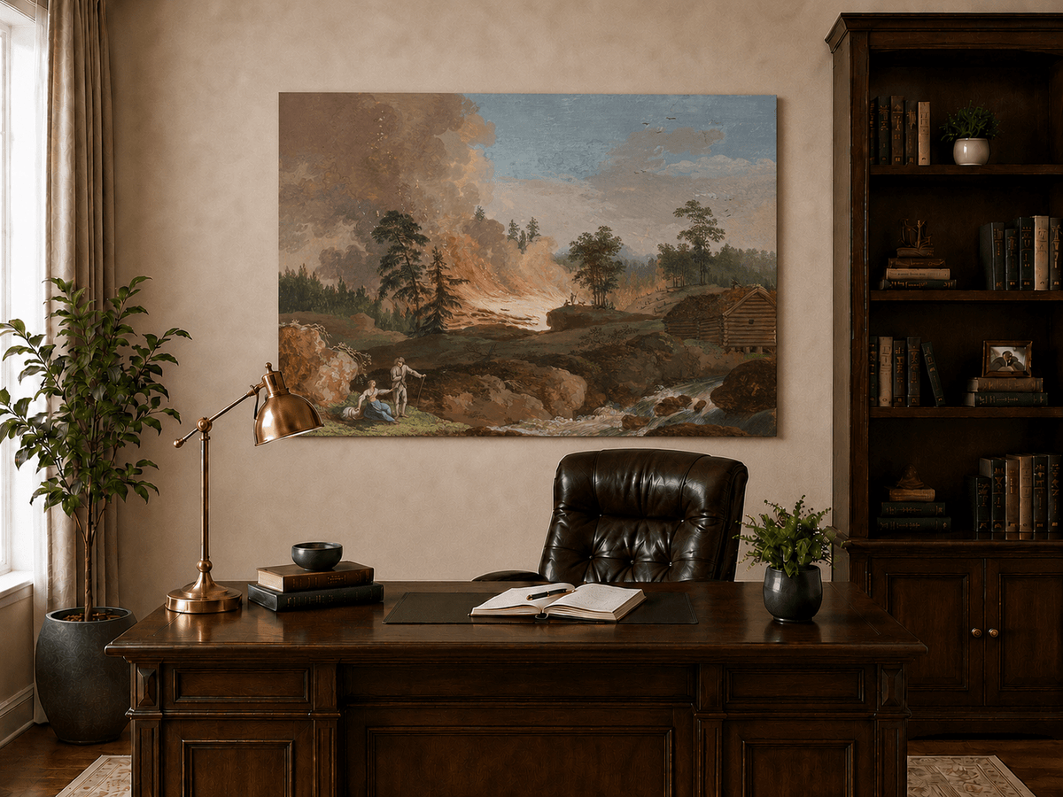 Peinture à l'huile de paysage - Incendie de forêt et personnages du XIXe siècle