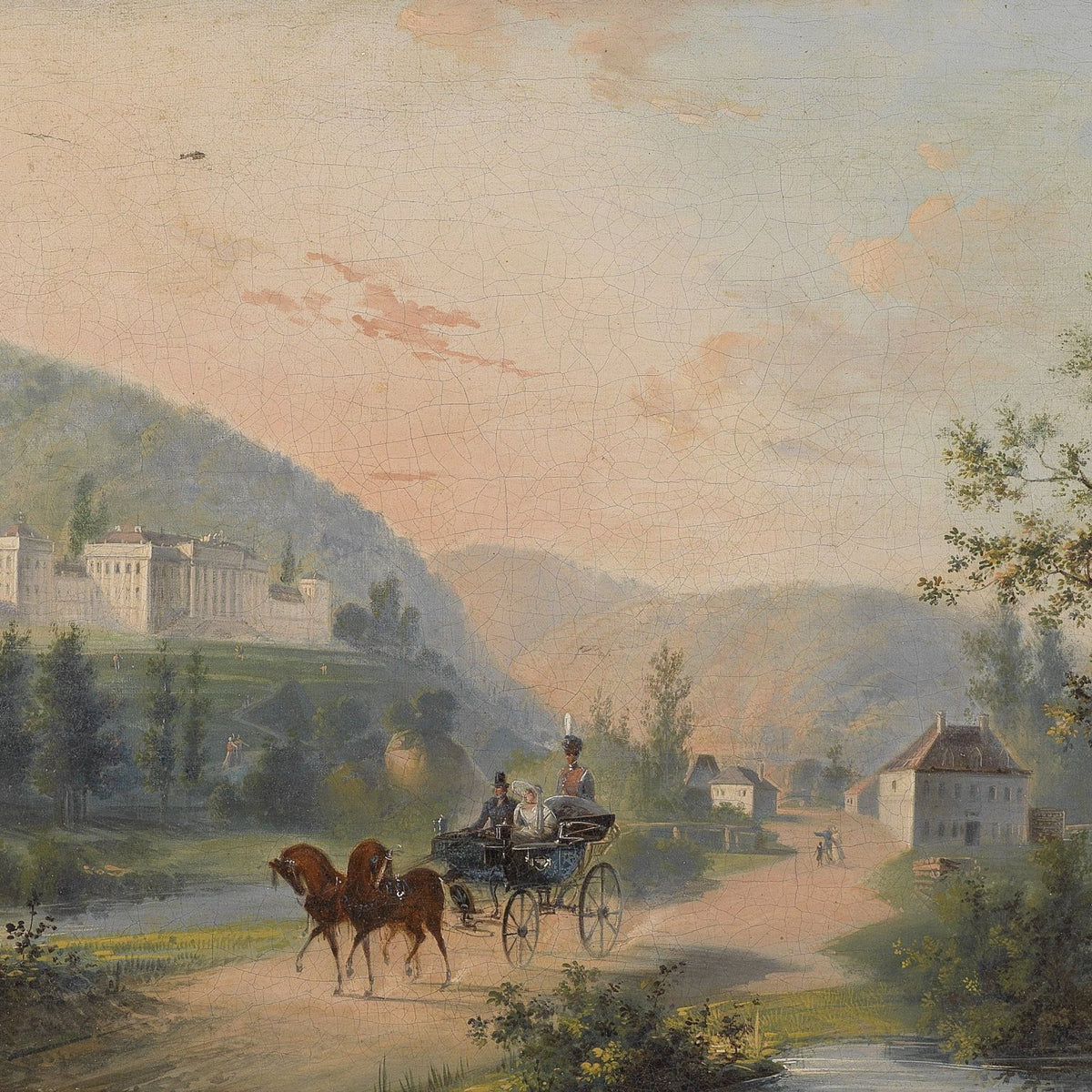 Landscape Oil Painting - 19th - Century Hilltop Estate, Horse - Drawn Carriage - Oil Painting Haven