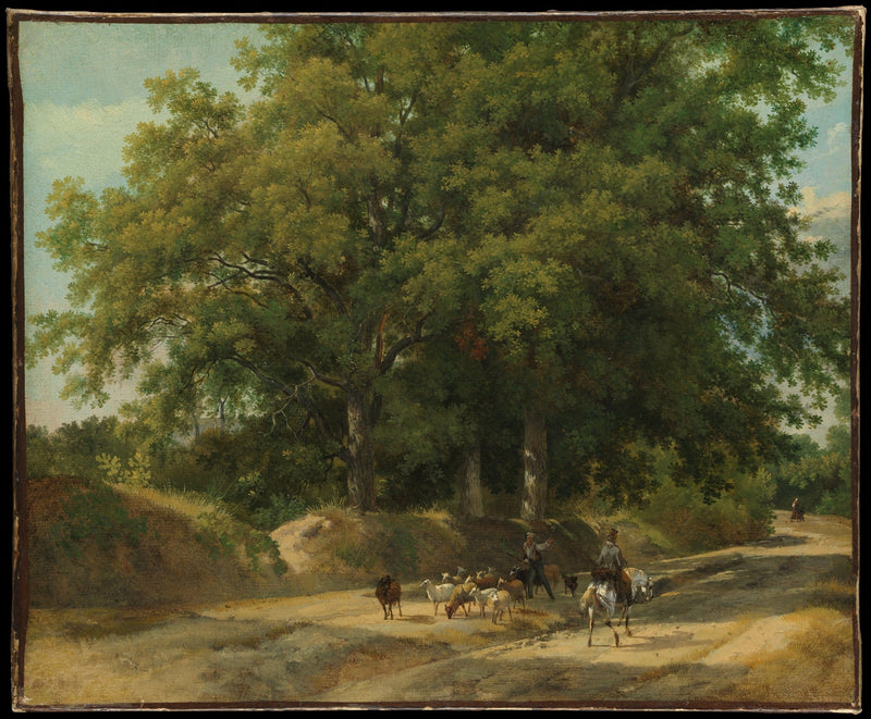 Hand-painted a shepherd and rider on a country lane landscape oil painting on canvas