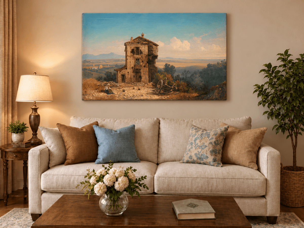 Landscape Oil Painting - Abandoned Country House in Open Fields