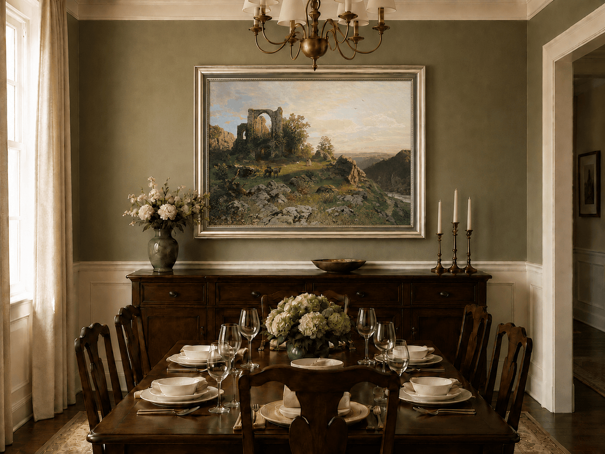 Landscape Oil Painting - Abbey Ruins on Rocky Valley Cliff