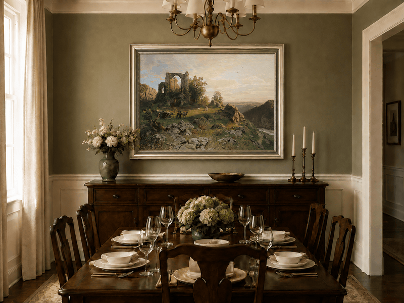 Landscape Oil Painting - Abbey Ruins on Rocky Valley Cliff