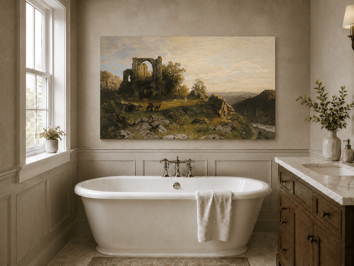 Landscape Oil Painting - Abbey Ruins on Rocky Valley Cliff
