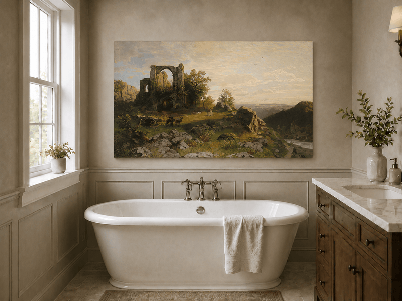 Landscape Oil Painting - Abbey Ruins on Rocky Valley Cliff