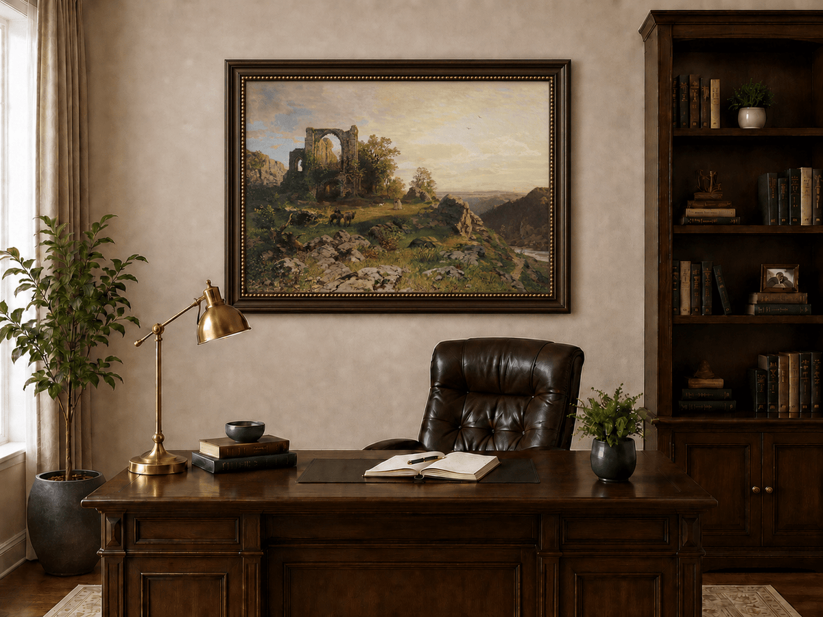 Landscape Oil Painting - Abbey Ruins on Rocky Valley Cliff
