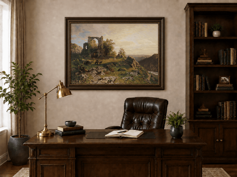 Landscape Oil Painting - Abbey Ruins on Rocky Valley Cliff