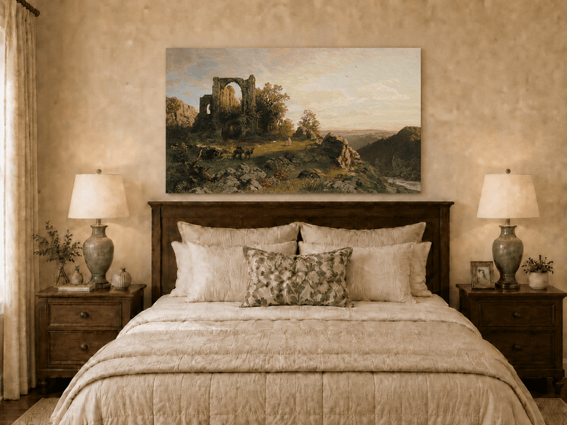 Landscape Oil Painting - Abbey Ruins on Rocky Valley Cliff