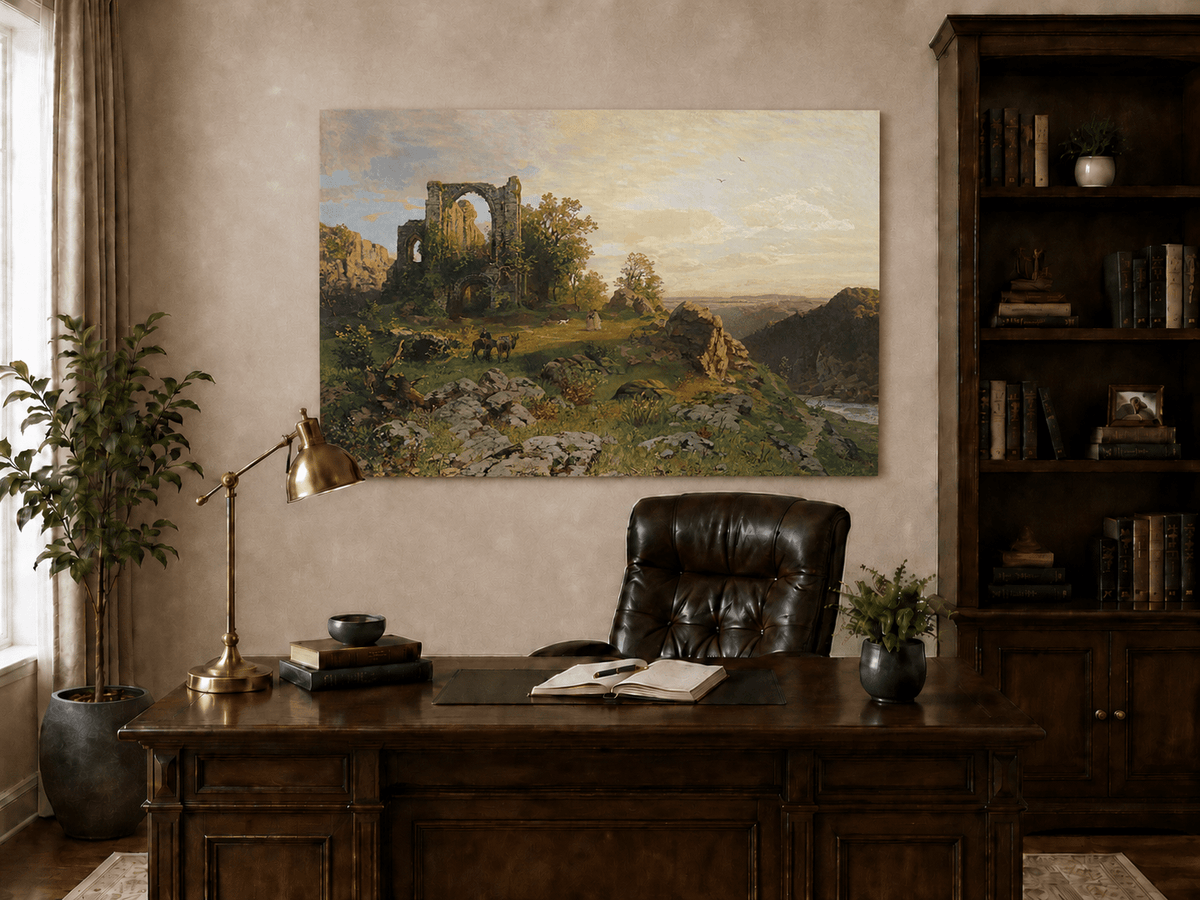 Landscape Oil Painting - Abbey Ruins on Rocky Valley Cliff