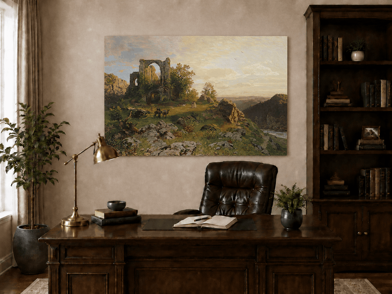 Landscape Oil Painting - Abbey Ruins on Rocky Valley Cliff