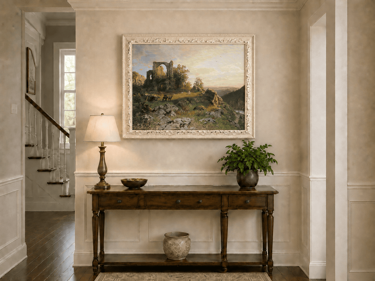 Landscape Oil Painting - Abbey Ruins on Rocky Valley Cliff