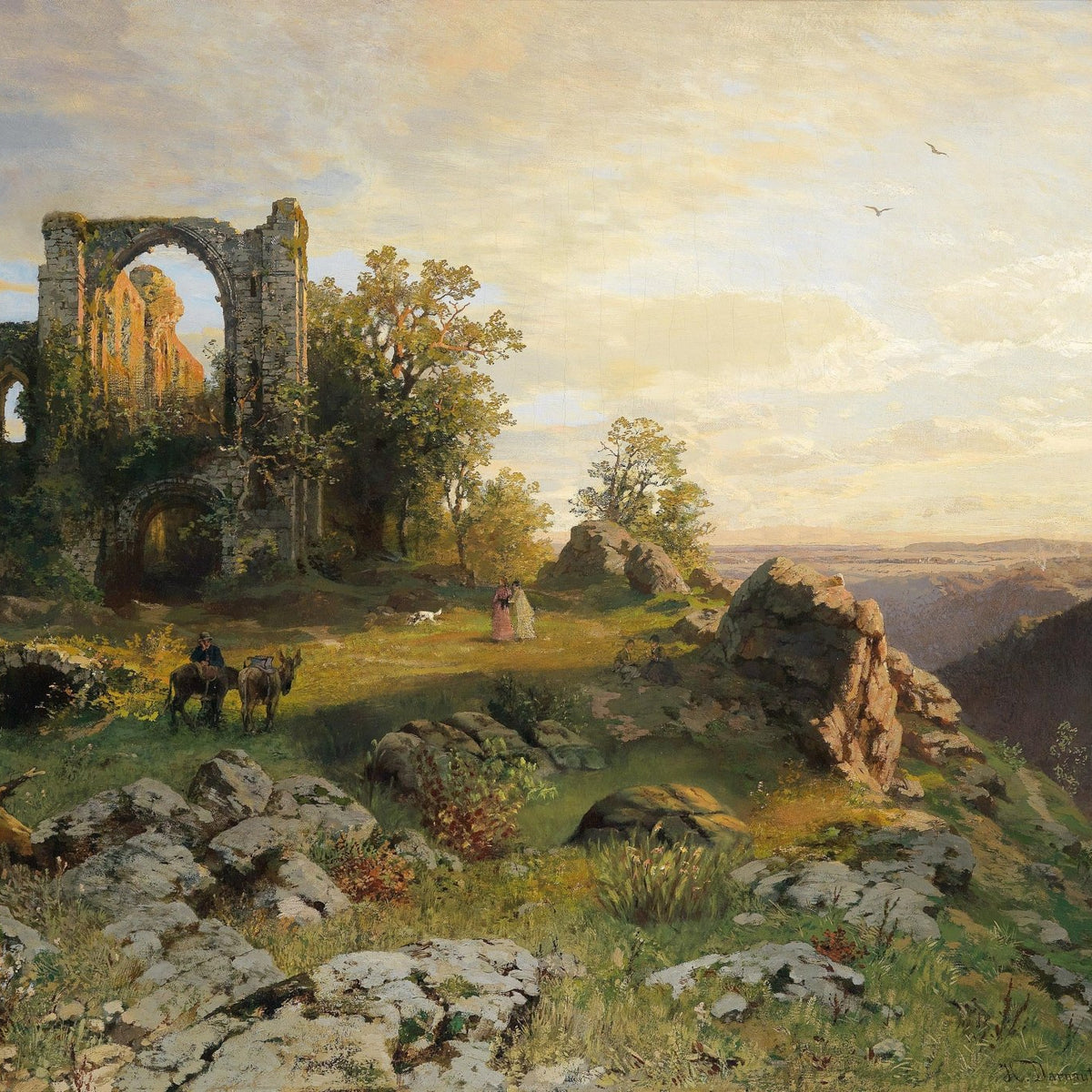 Hand-painted abbey ruins on rocky valley cliff landscape oil painting on canvas