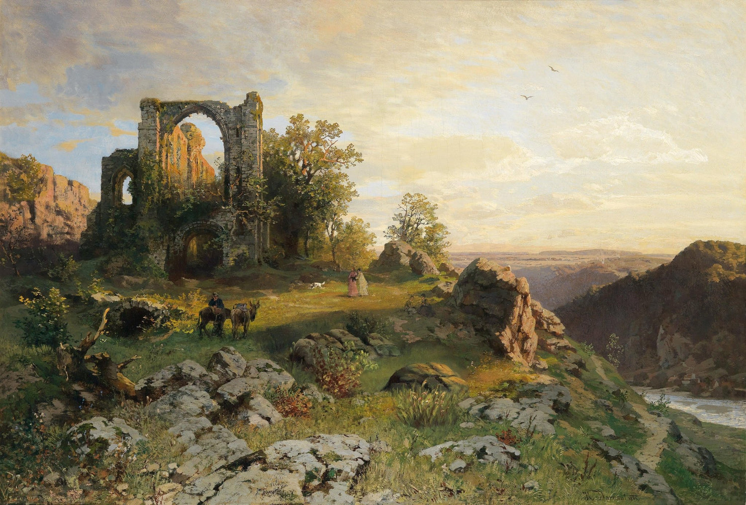 Hand-painted abbey ruins on rocky valley cliff landscape oil painting on canvas