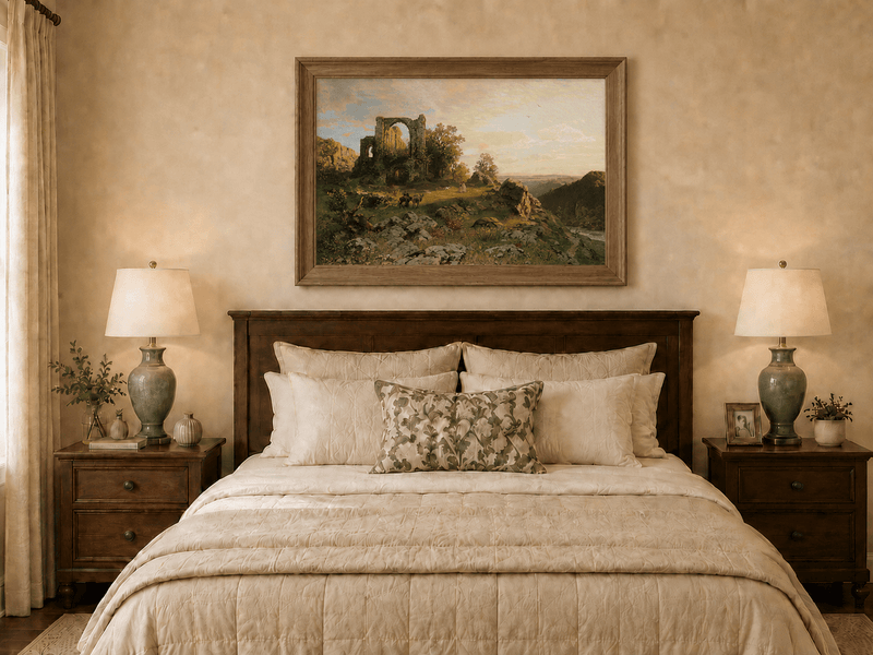 Landscape Oil Painting - Abbey Ruins on Rocky Valley Cliff
