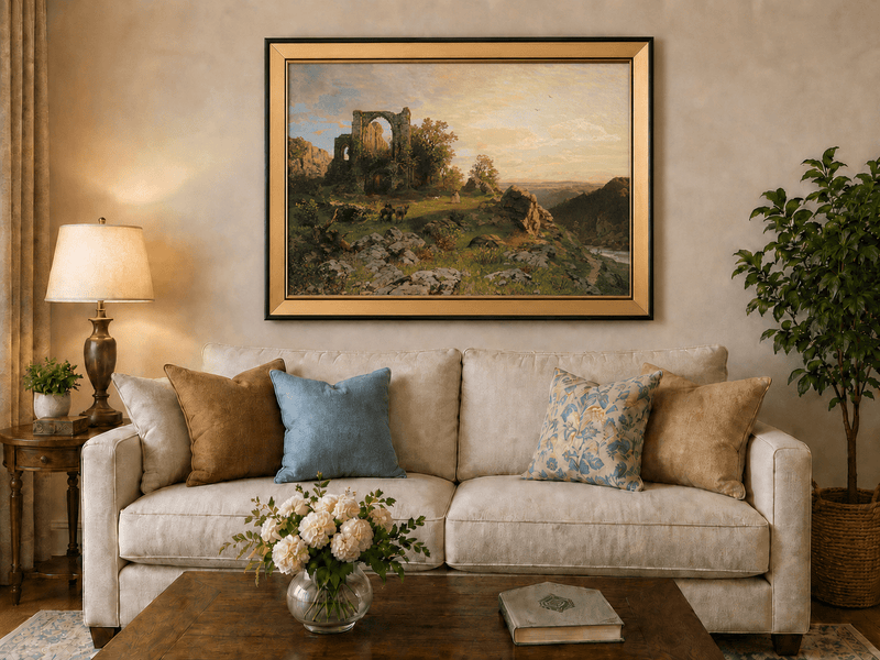 Landscape Oil Painting - Abbey Ruins on Rocky Valley Cliff